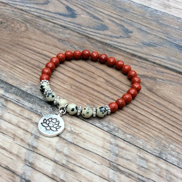 Red Jasper bracelet with Lotus charm, Dalmatian Jasper, crystal healing - Picture 3 of 9